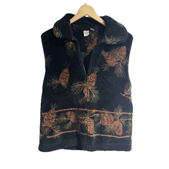 MAZMANIA Women Medium Black Fleece Sherpa Vest Pinecone - Picture 1 of 6
